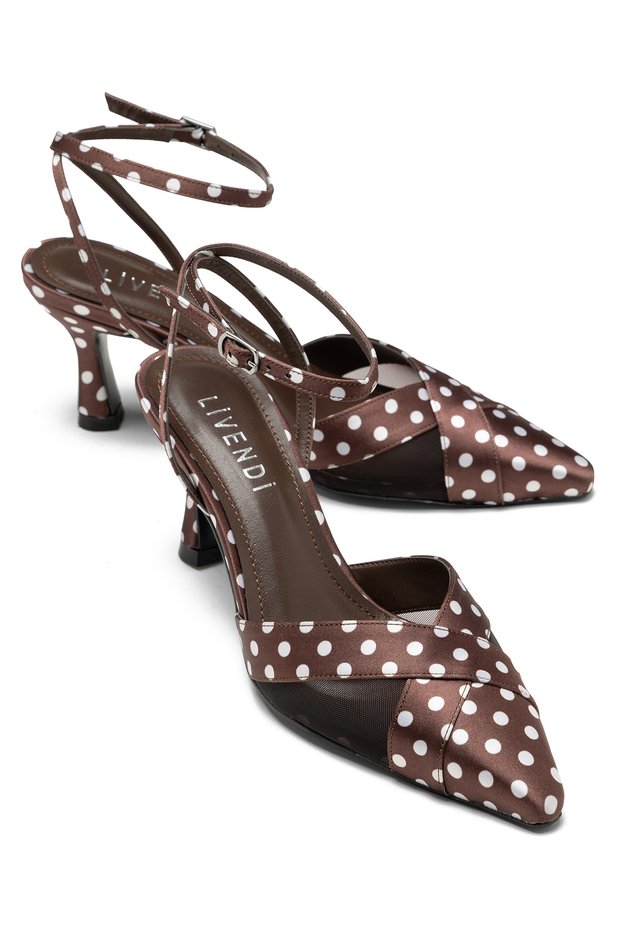 Si̇ena Women's Brown Polka Dot 7.5 cm Heeled Shoes with Pointed Toe and Ankle Strap