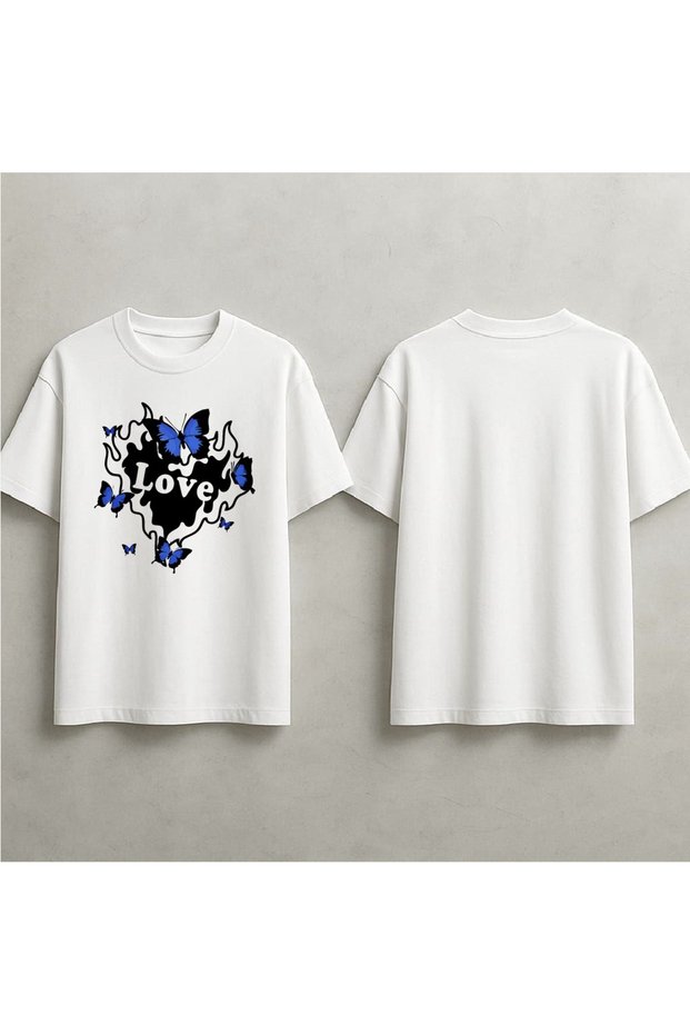 Love Heart and Butterfly Printed Oversized T-Shirt