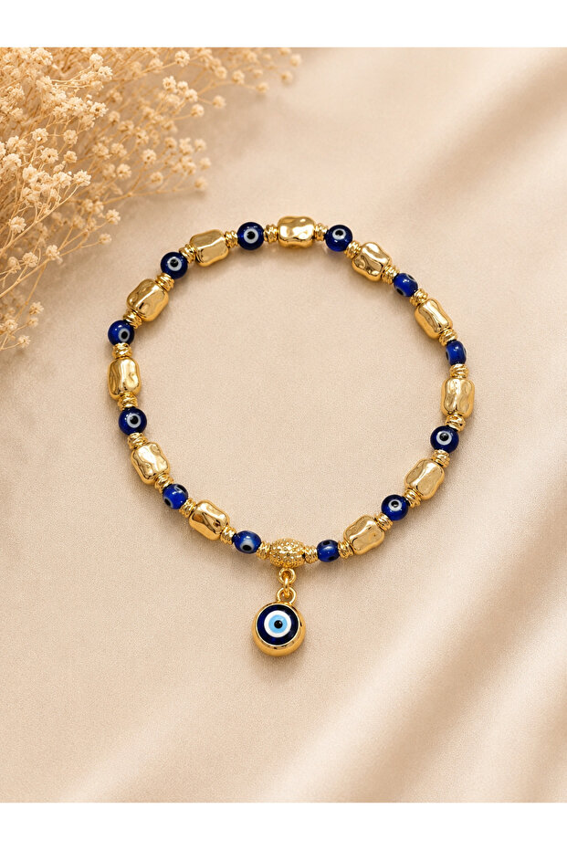 Gold Detailed Handmade Bracelet with Evil Eye Beads, Adjustable Women's Bracelet, Elastic Bracelet with Evil Eye Beads