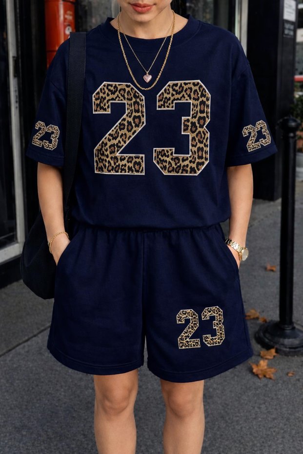 Women's Oversize Cotton Two-Piece Set – Leopard Bow Print Relaxed Fit T-Shirt and Shorts