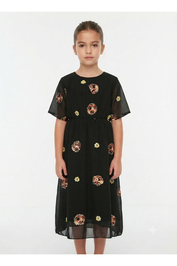 Girls' Floral Embroidered Chiffon Dress - Modern and Stylish Design
