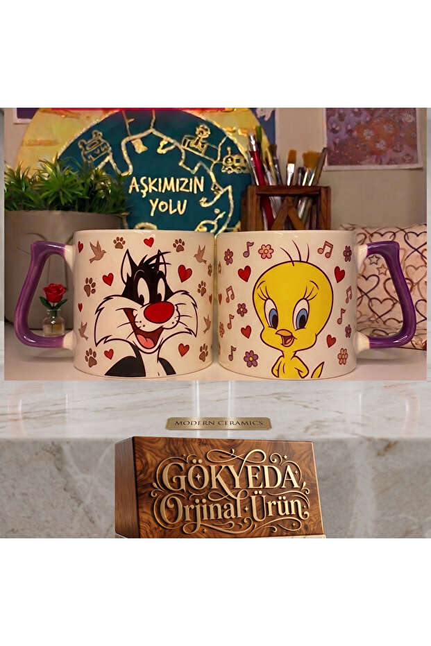 Sylvester Tweety Themed Mug Set with Nostalgic Cartoon Characters on the Sky, a Gift for a Friend