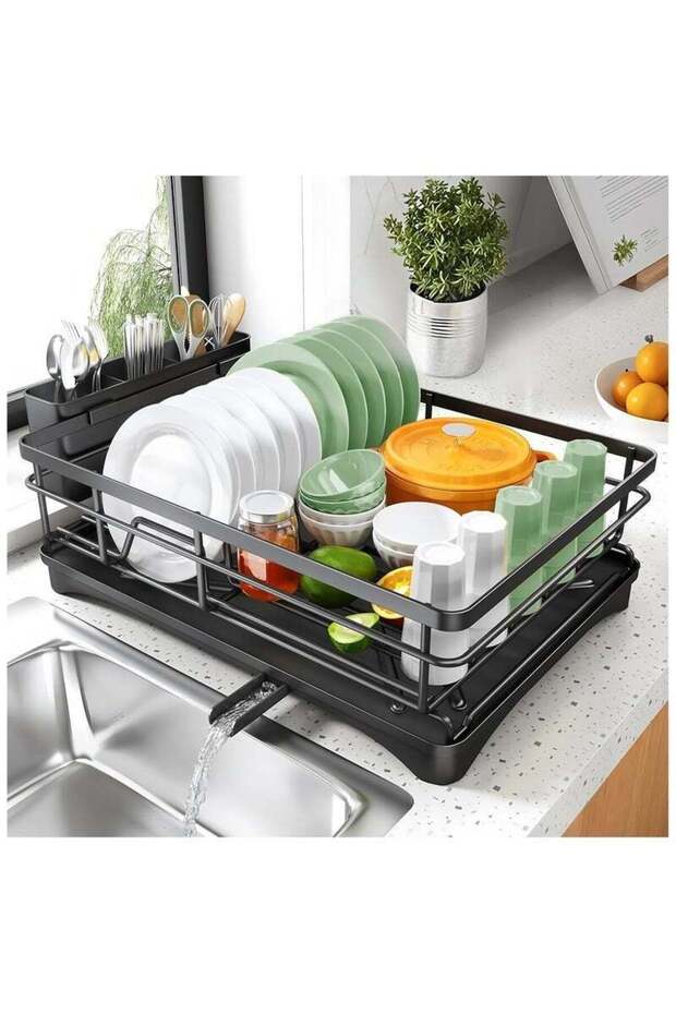 Dish Drying Rack - Stainless Steel Dish Rack for Kitchen Counter, Large-Capacity Dish Drainer with Cutlery Holder, Kitchen Organizer for Dishes, Spoons and Forks, Black