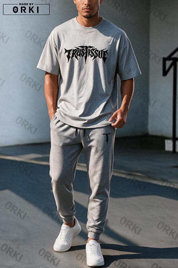 Trust Issue Printed Oversize T-Shirt & Gray Pants Tracksuit Set