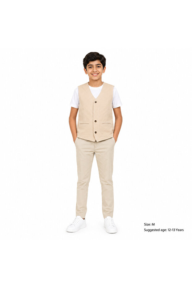 Vest Ladli with Front Buttons and Side Pockets, Beige Color
