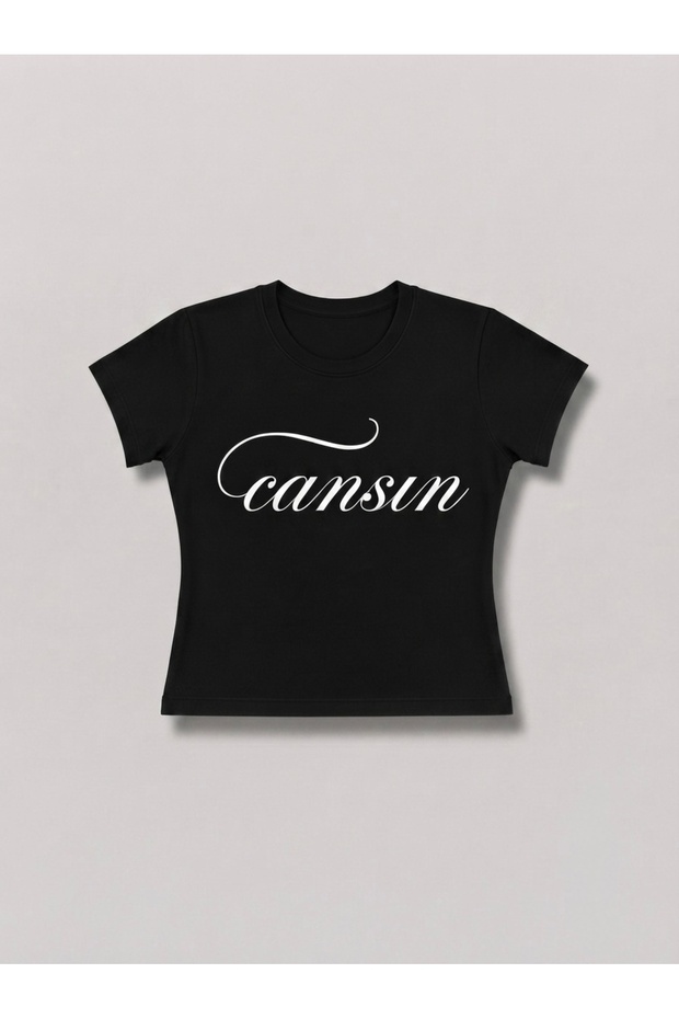 "Cansın" Written Women's Crop T-Shirt - Printed Black Baby Tee