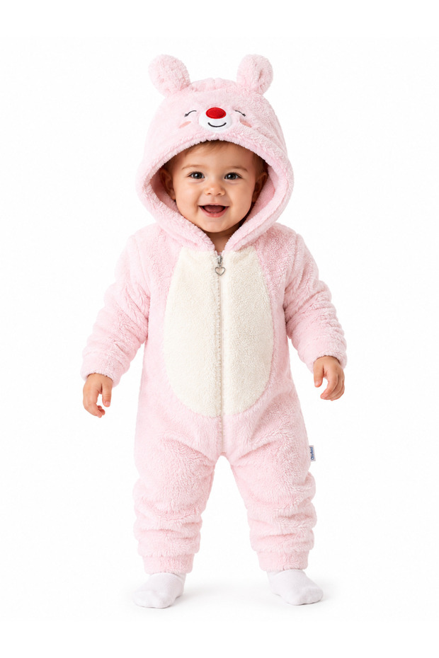 Sweet Teddy Bear Embroidery Patterned Welsoft Baby Romper Hooded Plush Zippered Winter Unisex Baby Romper