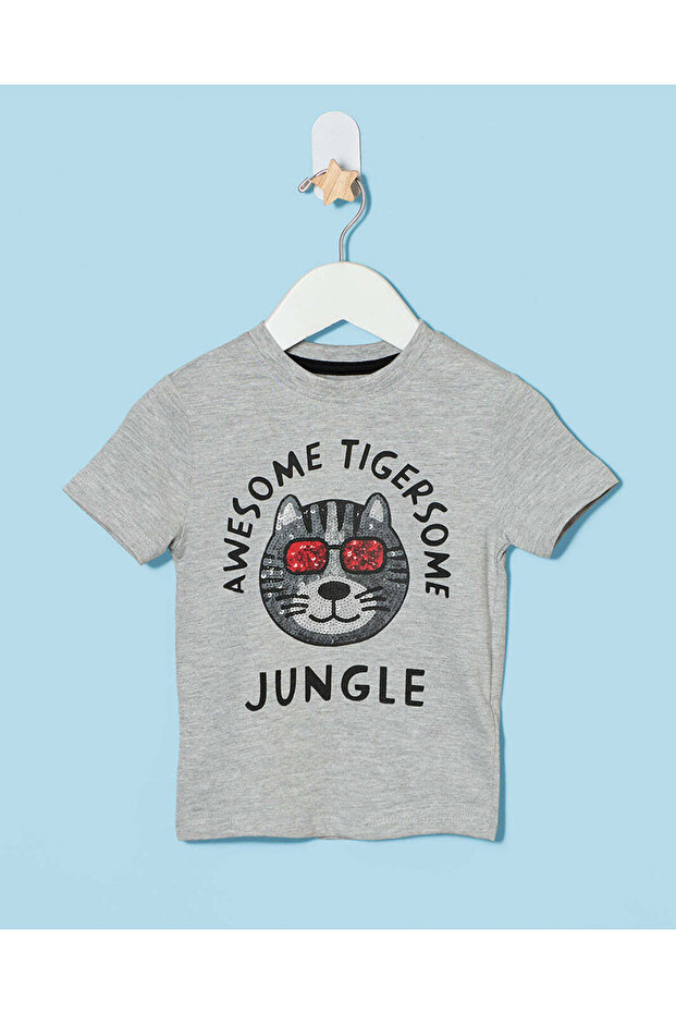 Infant Boys Grey Melange Tiger Jungle Print T-Shirt
