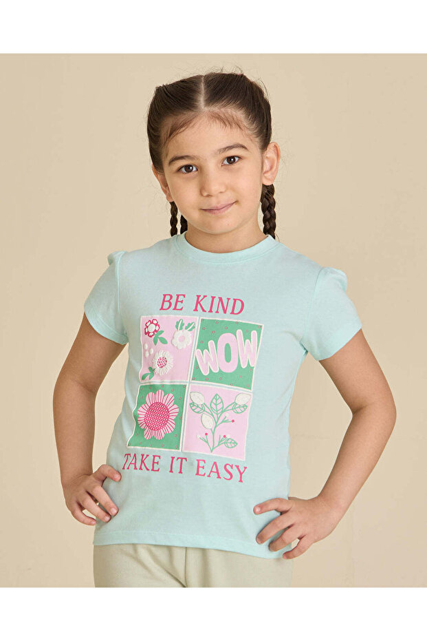 Girls Mint Printed Cotton T-Shirt