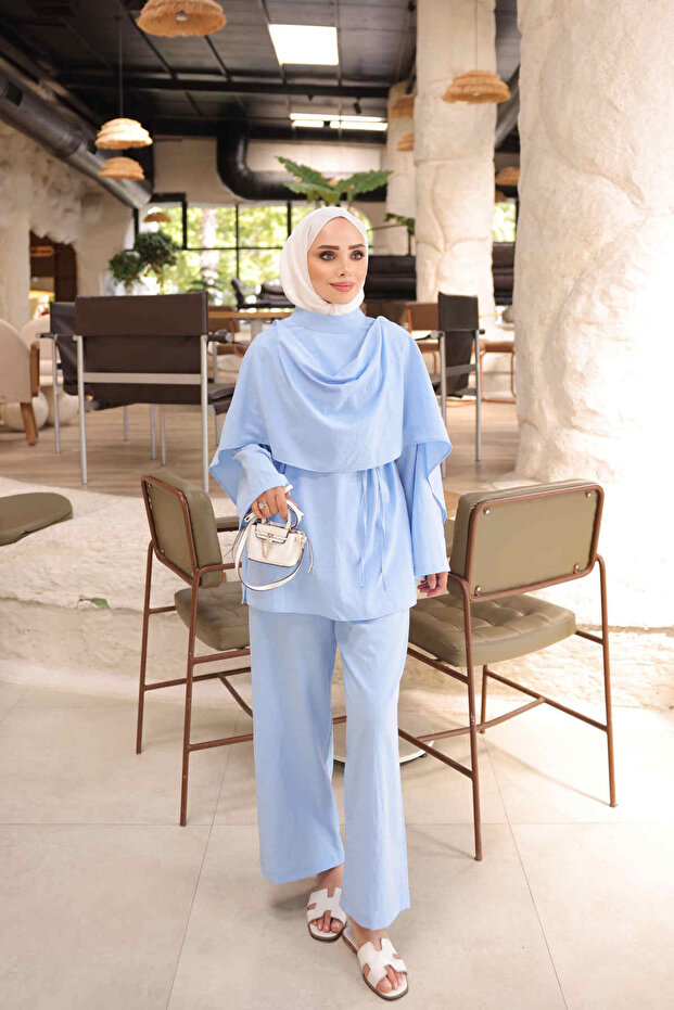 Baby Blue Shawl Detailed Tunic and Trousers Set