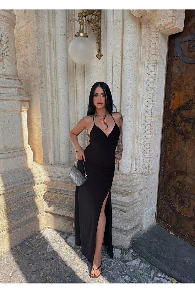 Black Back Tie Slit Dress