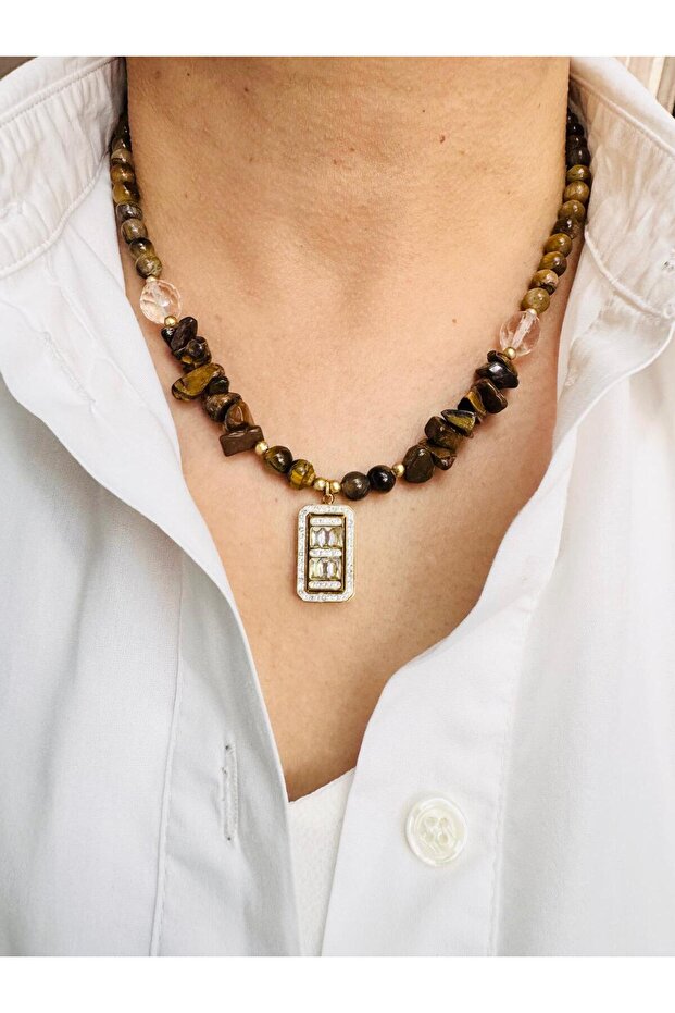 : Tiger's Eye Crystal Quartz Natural Stone Baguette Necklace 47 cm