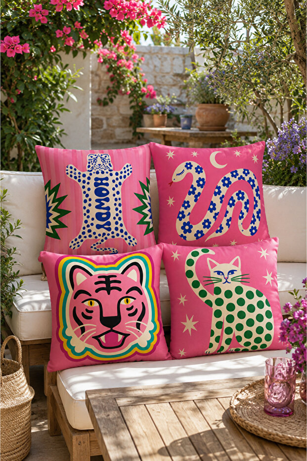Pop Art Pink Cat, Tiger, Snake and Leopard Patterned Decorative Throw Pillow Covers Set of 4 Modern Living Room Pillows (Double-Sided)