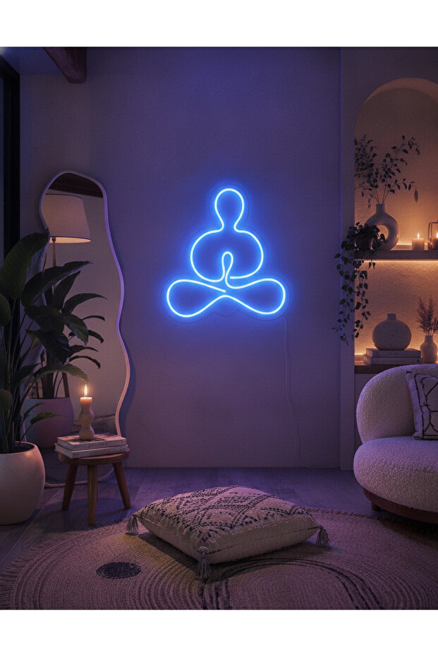 Yoga Meditasyon Figürlü LED Neon Duvar Tablosu | Mavi Aydınlatmalı Modern Dekor | Salon - 5