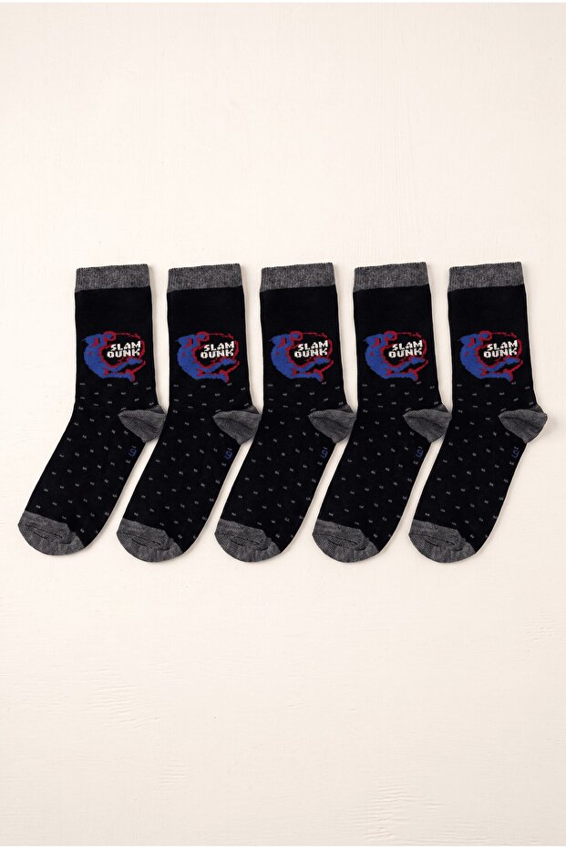 Boy's 9-10 Years Old Black 5-Piece Sock Set with Polka Dot Pattern