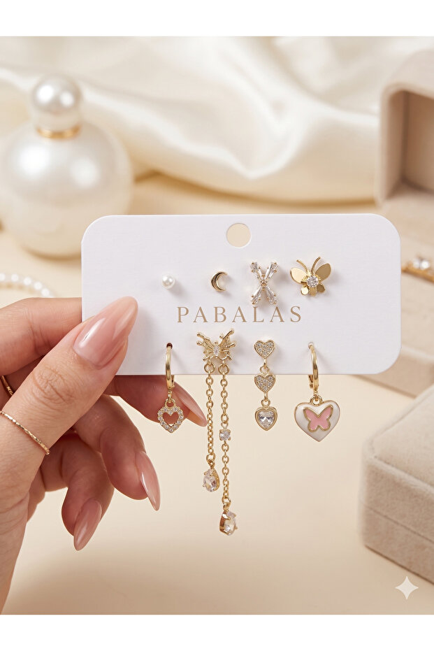 Women's 8-Piece Brass Earring Set – Combination Earrings with Dangle, Heart, Butterfly and Zircon Stones