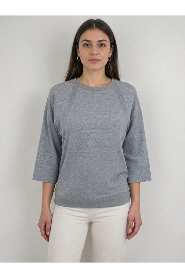 Women's Gray Knitwear Regular Fit 3/4 Sleeve Sweater