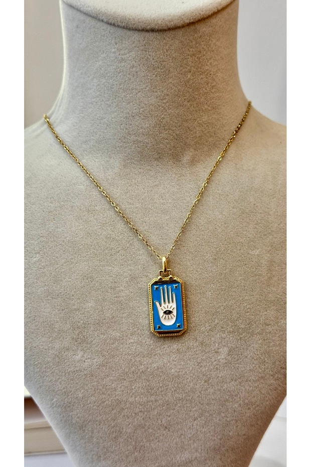 Steel Blue Enamel Fatma Ana Hand Plate Necklace