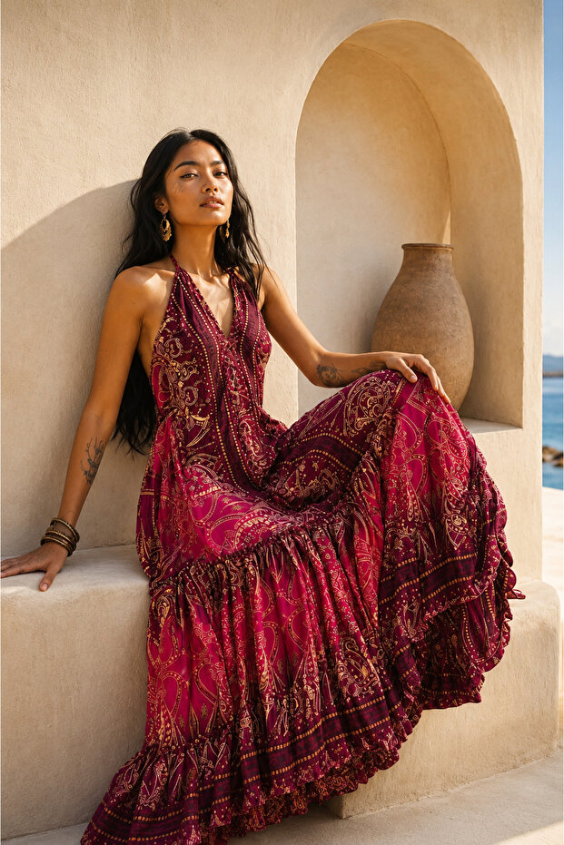 Mexico Halter Neck Backless Silk Dress
