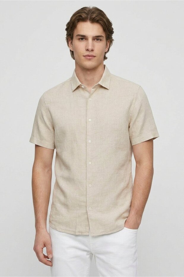 Men Regular Fit Heather Short Sleeve Casual Shirt, Beige