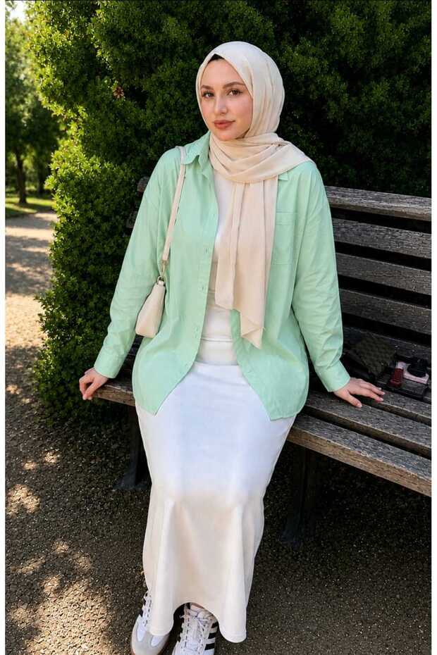Mintgreen Oversize Cotton Linen Shirt with Pockets Trendy Loose Drop Shoulder Women's
