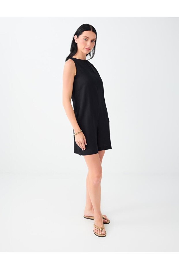 Black Linen Blend Mini Jumpsuit with Pocket Detail
