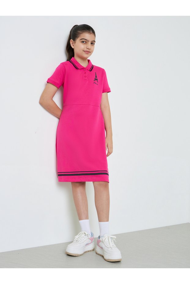 Teen Girls Cotton Polo T-Shirt Dress With Striped Hem
