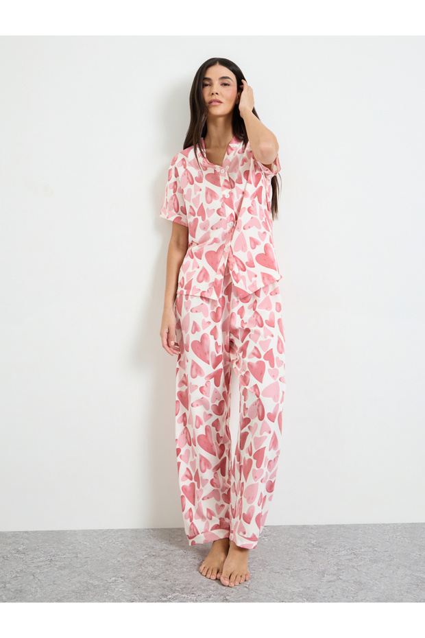 Pink Heart Print Shirt and Pyjama Set
