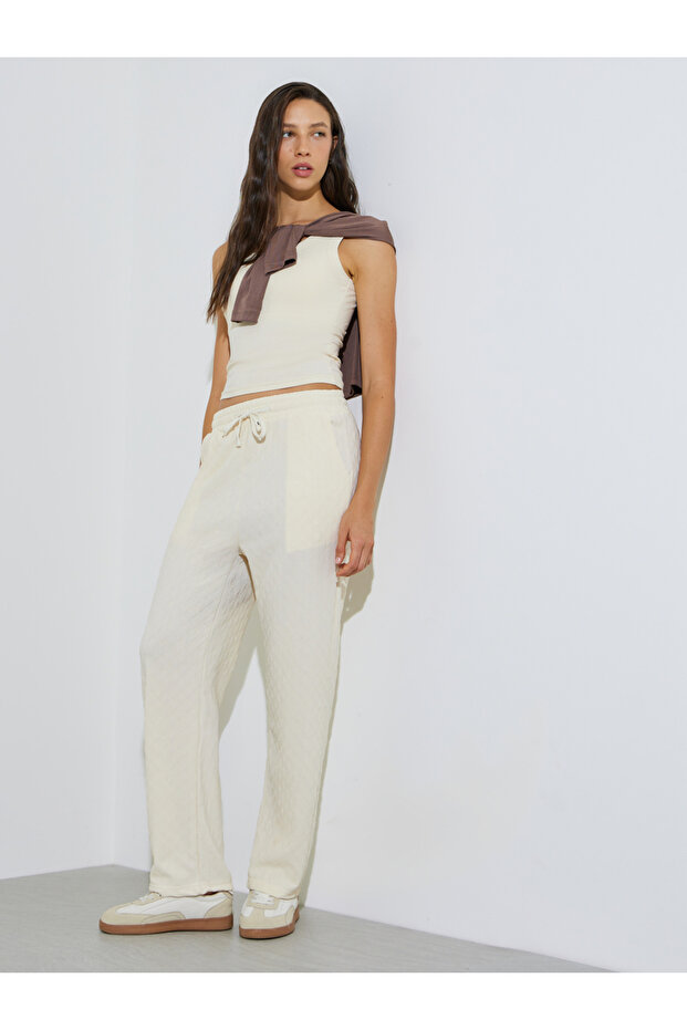 Beige Textured Drawstring Wide Leg Joggers