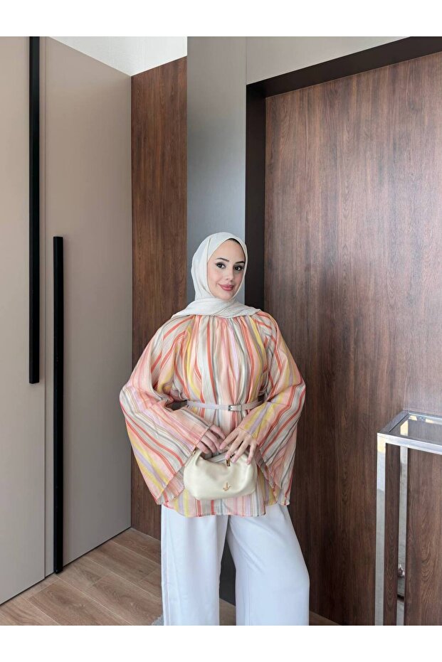 Digital Printed Tulle Modal Bat Sleeve Blouse Orange