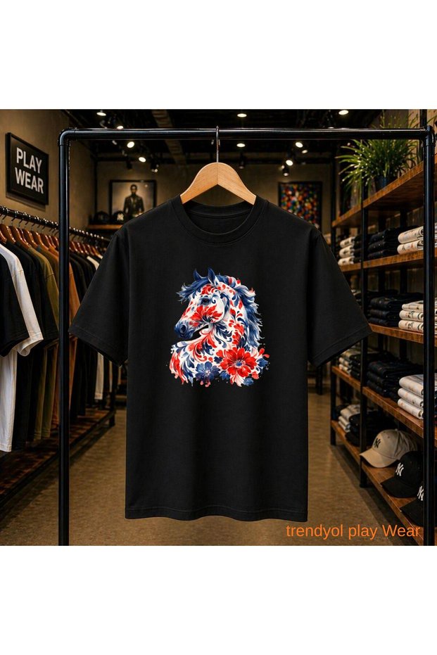 Blue Floral Horse Printed 100% Cotton Oversize Loose Regular Fit Crew Neck T-Shirt