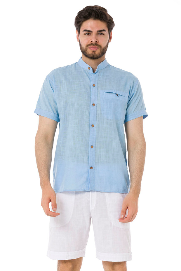 Men's Judge Collar Short Sleeve Linen Shirt-4520