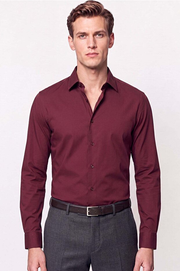 Slim Fit Cotton Claret Red Shirt g 1607