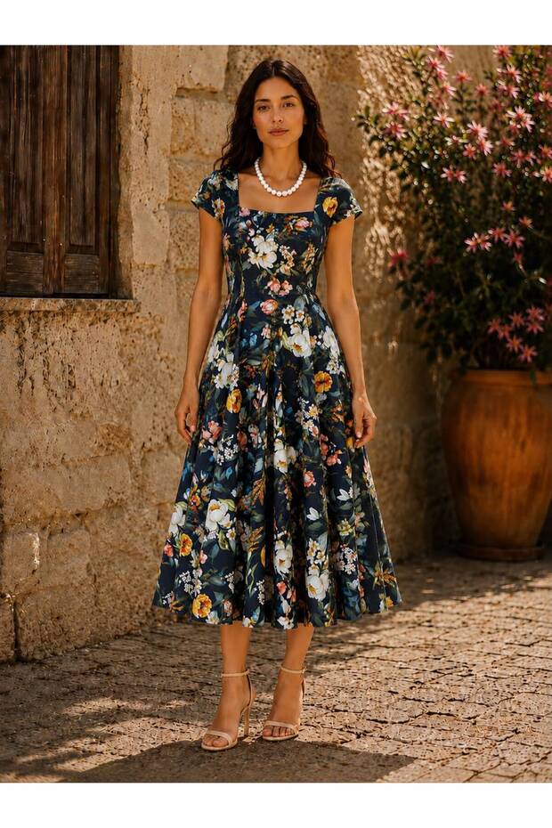 Black Large White Floral Patterned Multi-Piece Flared Dress