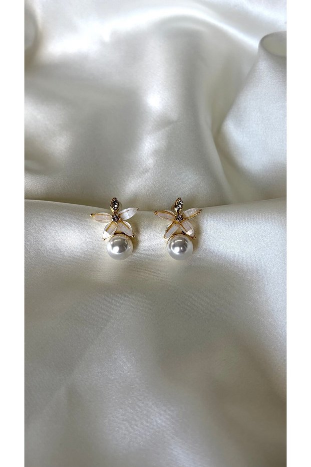 Women's Gold Detailed Stoned and Pearled Glittering Flower Earrings
