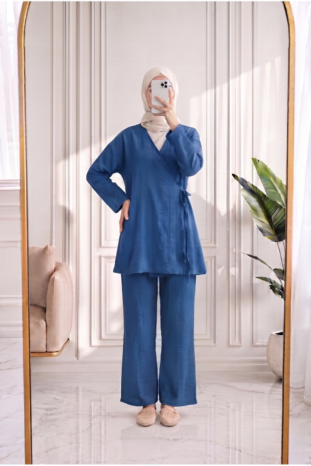Vinmora Side-Tie Kimono and Strawberry Pants Set As478-Ek544 Indigo