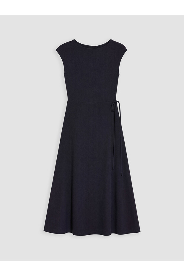 Navy Blue Crew Neck Dress with Tie Waist and Textured Fabric