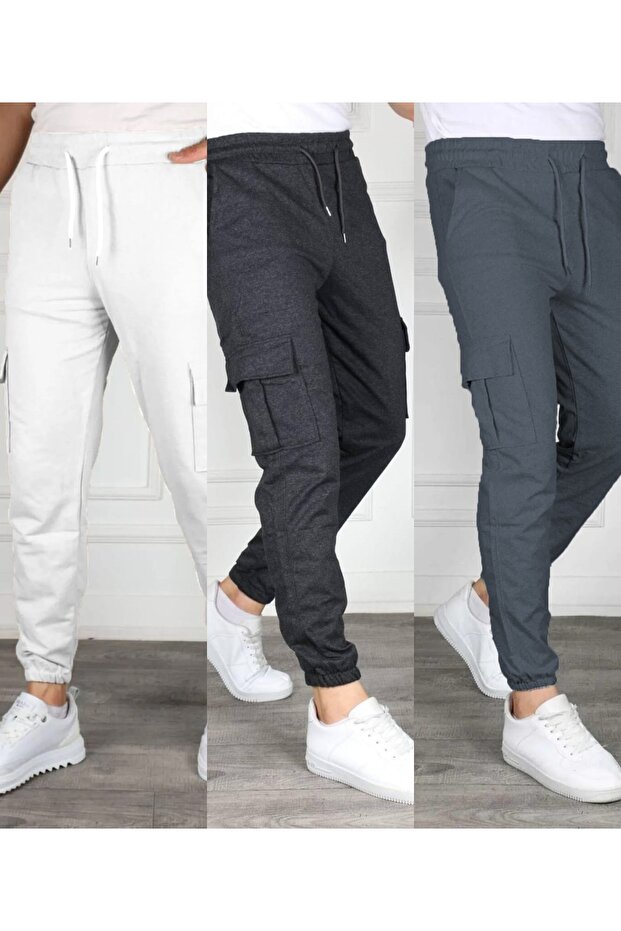 Set of 3 Unisex Cargo Pocket Elastic Leg Sweatpants