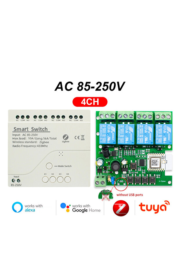 مفتاح ريلاي ذكي بـ 4 قنوات يعمل بتقنية Zigbee وWiFi، متوافق مع تطبيقات Tuya Smart Life / Ewelink، يعمل بجهد 85-250 فولت، وحدة 4 قنوات تعمل بتيار متردد/مستمر 7-32 فولت