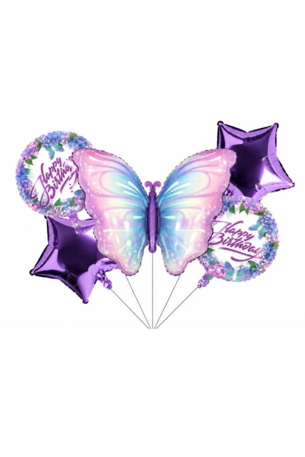 Pink Butterfly Happy Birthday Foil Balloon Set