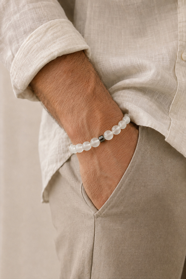 Selenite Men's Bracelet | Energy Purification & Clear Mind | Natural Stone