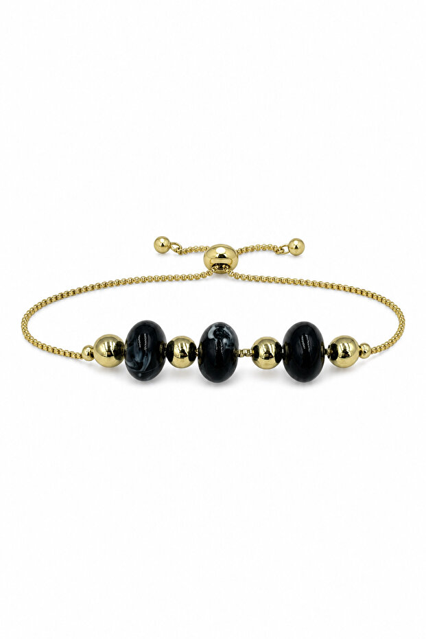 Black Marble Patterned and Yellow Toned Beaded Adjustable Stylish Women's Bracelet