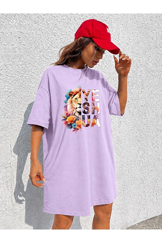 Women's Extra Long Oversize Lion Printed Tunic T-Shirt with Floral Detail