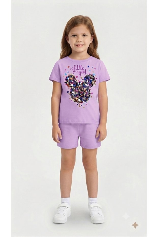 Little Girl Heart Printed Colorful T-Shirt-Shorts Set