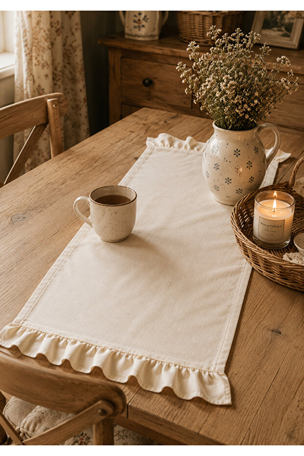 Natural Cotton Raw Linen Ruffled Runner 40X110