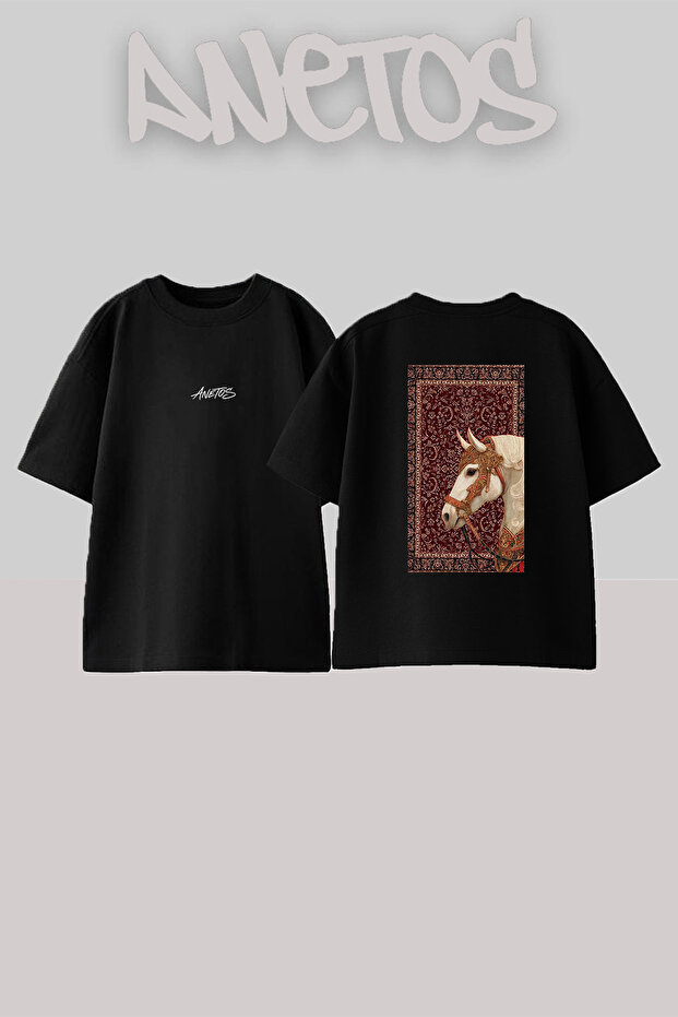 Red Carpet Horse Design Back Printed Cotton Black Oversize T-Shirt