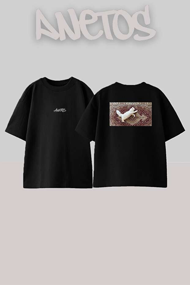 White Cat_1 Design Back Printed Cotton Black Oversize T-Shirt