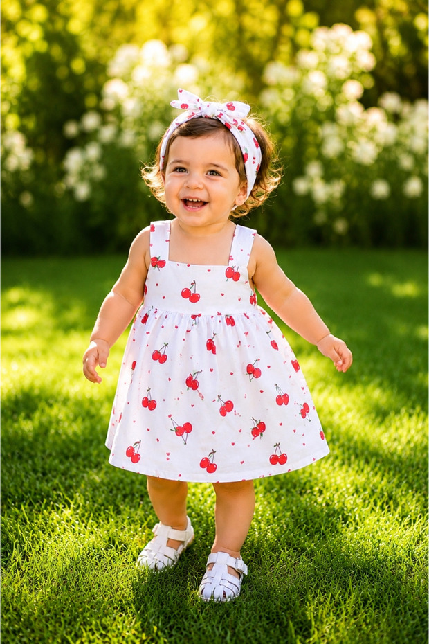 Children's 100% Cotton Poplin Cherry Patterned Dress with Elastic Back Summer Dress