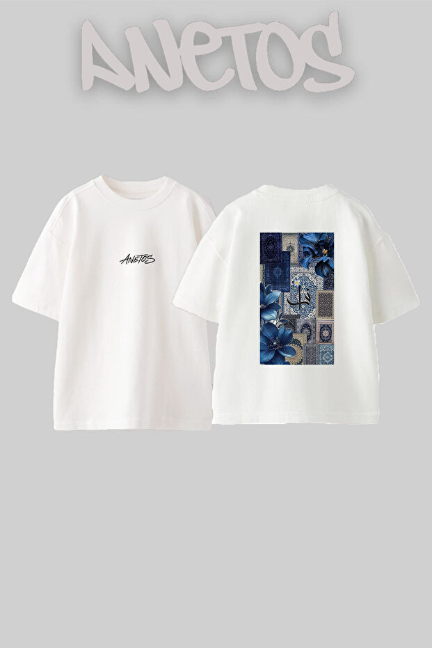 Blue Persian Calligraphy Design Back Printed Cotton White Oversize T-Shirt