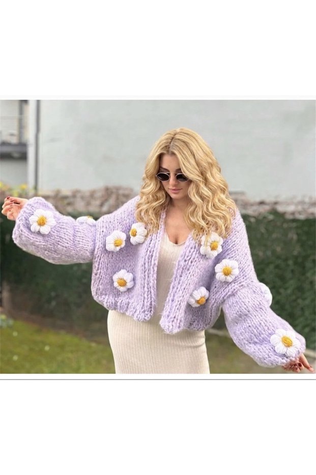 Moher Purple Color Daisy Detailed Women's Cardigan Model